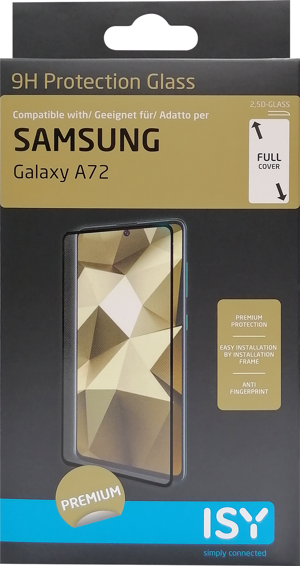 Verpakking voor een Samsung Galaxy A72 schermbeschermer. Het is een donkergroene doos met de telefoonafbeelding.