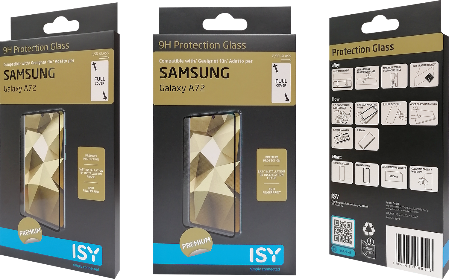 Drie dozen schermbeschermers voor Samsung Galaxy A72, met productinformatie.
