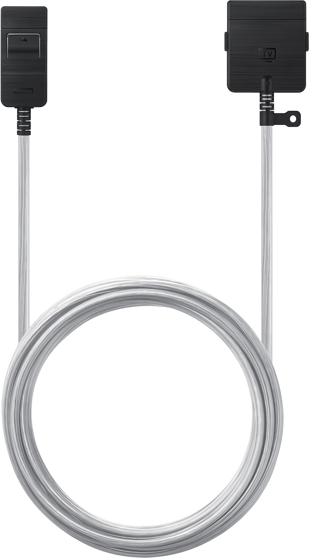 Un câble blanc avec deux connecteurs noirs. Le câble forme une forme circulaire au centre.