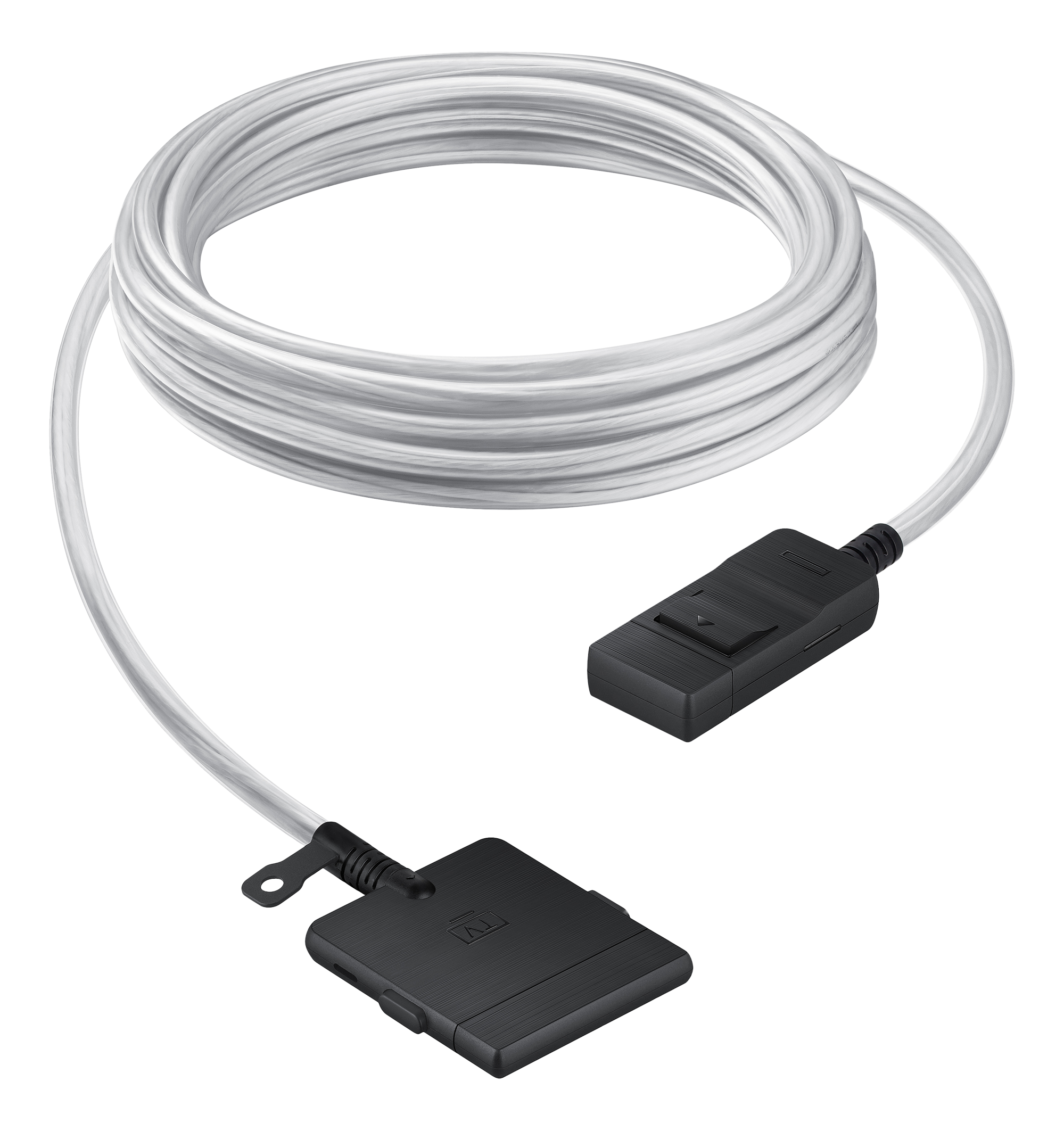Un câble blanc enroulé avec deux connecteurs noirs sur fond noir. Un connecteur a un bouton.