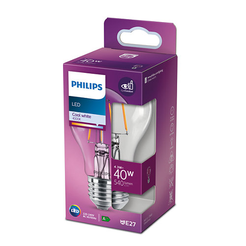 Dobozos Philips LED izzó, fehér fény, termékinformációkkal.