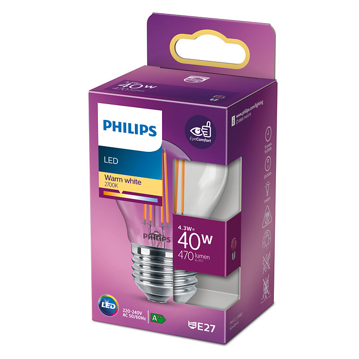 Philips LED izzó doboza meleg fehér izzóval és termékinformációkkal.