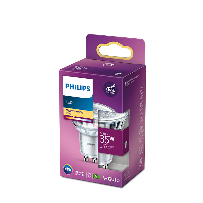 Philips LED izzó a csomagolásában, fehér háttérrel.