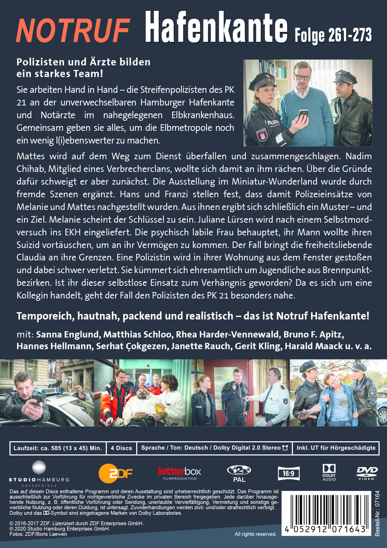 DVD-Cover mit deutschem Text. Zeigt Polizisten, medizinisches Personal und eine Hafenszene.
