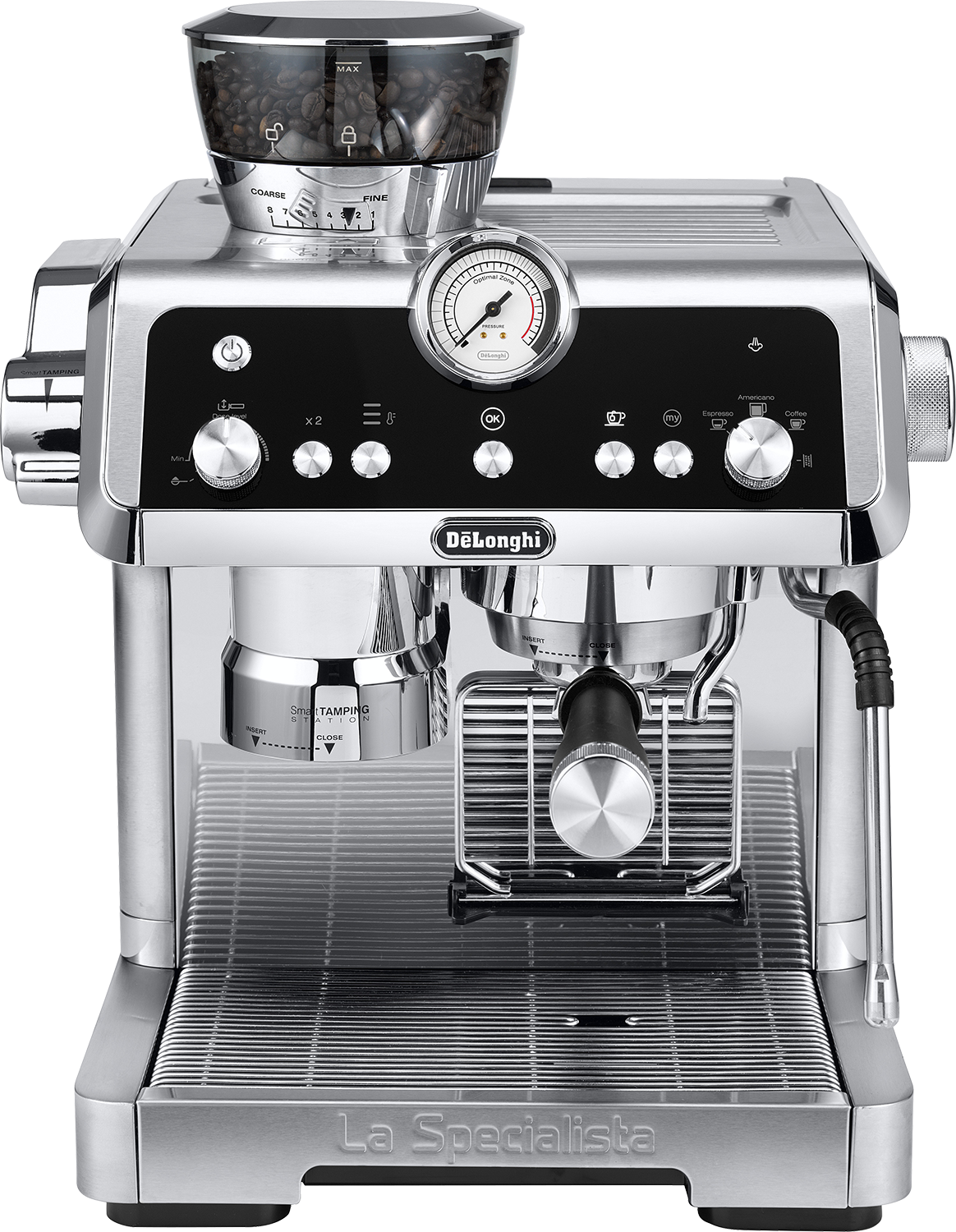 Chromen espressomachine met bonenmaler, meter en bedieningselementen. Merk La Specialista.