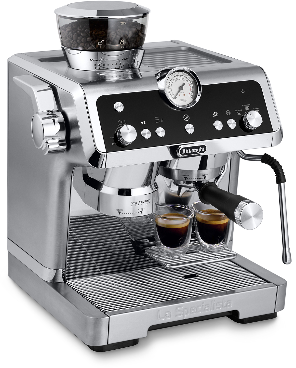 Roestvrijstalen espressomachine met twee glazen koffie ervoor.