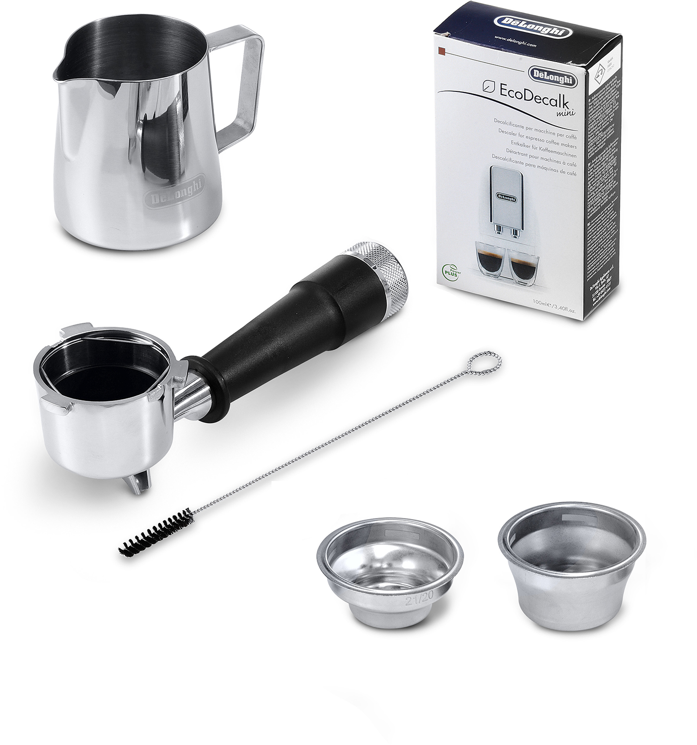 Koffiemachine accessoires: Kan, filterhouder, borstel, 2 filters en ontkalkingsset.