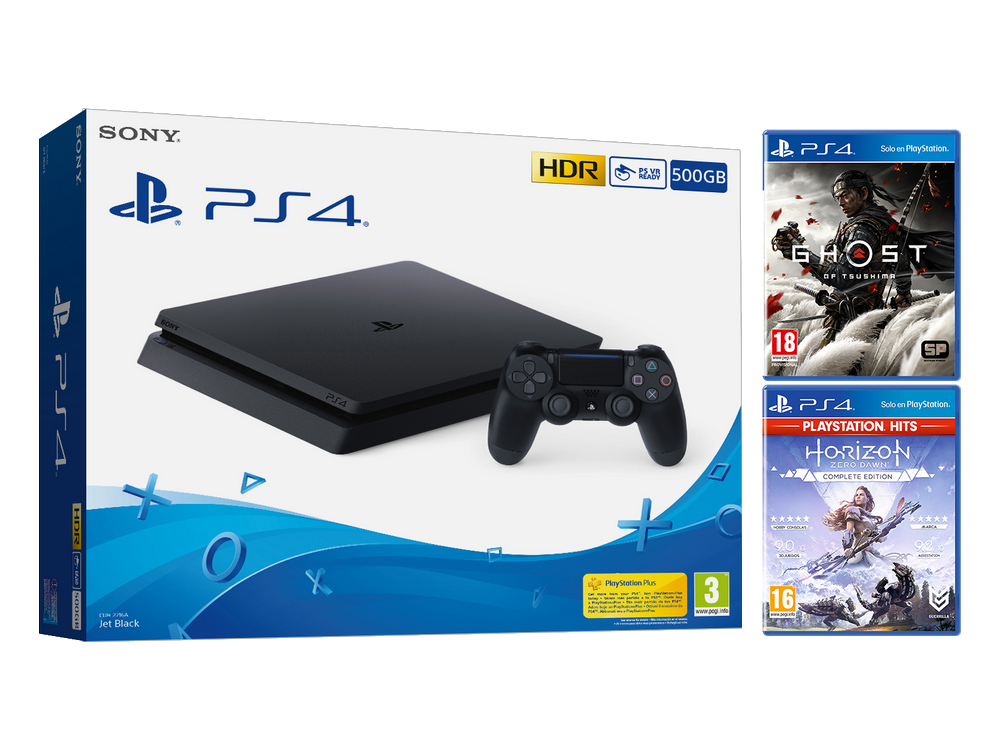 Consola - Sony PS4 Slim, 500 GB, Negro + Ghost of Tsushima + Horizon Zero Dawn Complete Edition