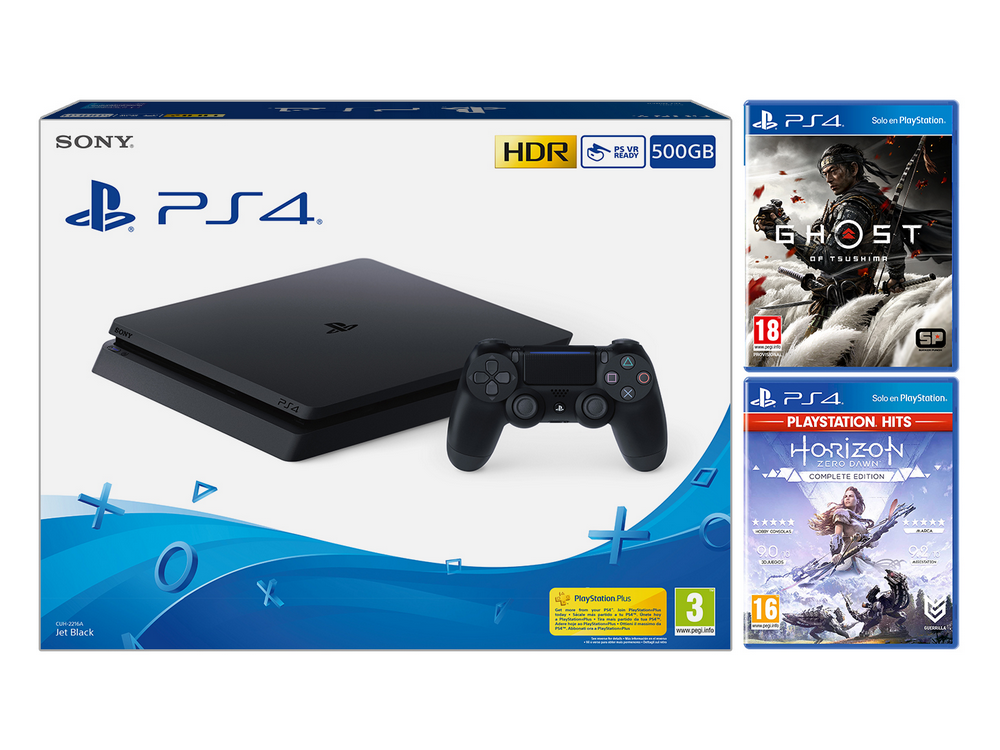 Consola - Sony PS4 Slim, 500 GB, Negro + Ghost of Tsushima + Horizon Zero Dawn Complete Edition