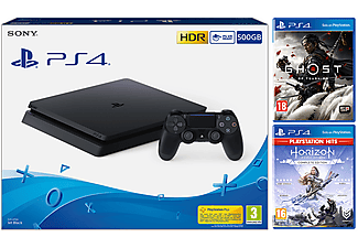 Consola - Sony PS4 Slim, 500 GB, Negro + Ghost of Tsushima + Horizon Zero Dawn Complete Edition