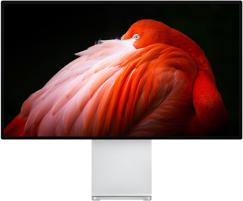 Un flamant rose avec la tête sous son aile sur un écran. Un moniteur blanc est en dessous.