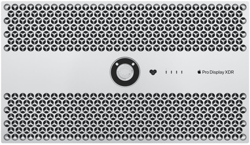 Écran d'ordinateur argenté avec un motif de grille, logo sur le devant.