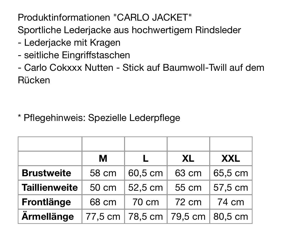 Ein Text mit Produktinformationen "CARLO JACKET", einschließlich Größentabelle mit Maßen.