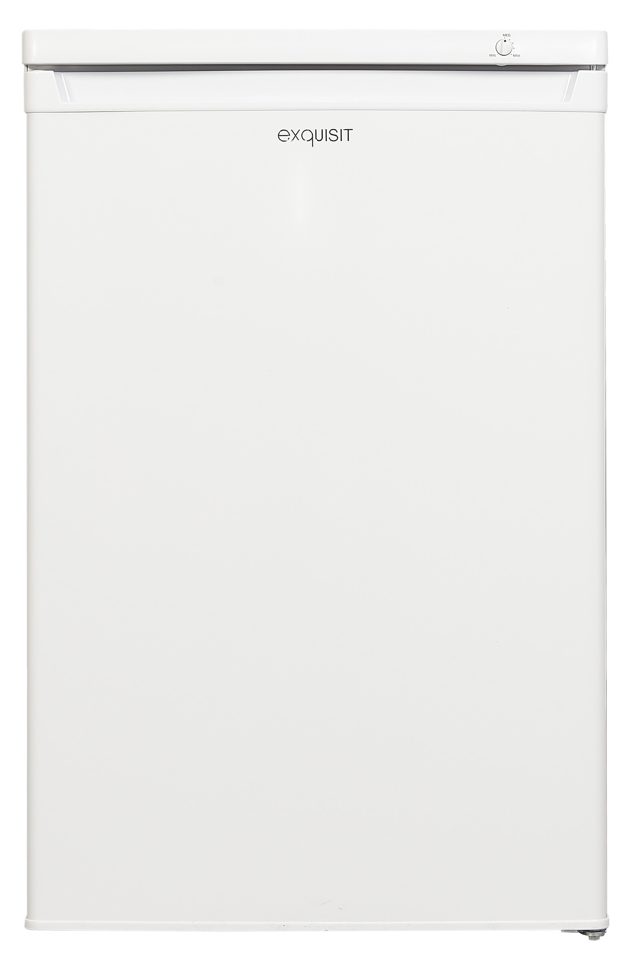Ein weißer Exquisit Mini-Kühlschrank mit geschlossener Tür und sichtbarem Markenlogo.