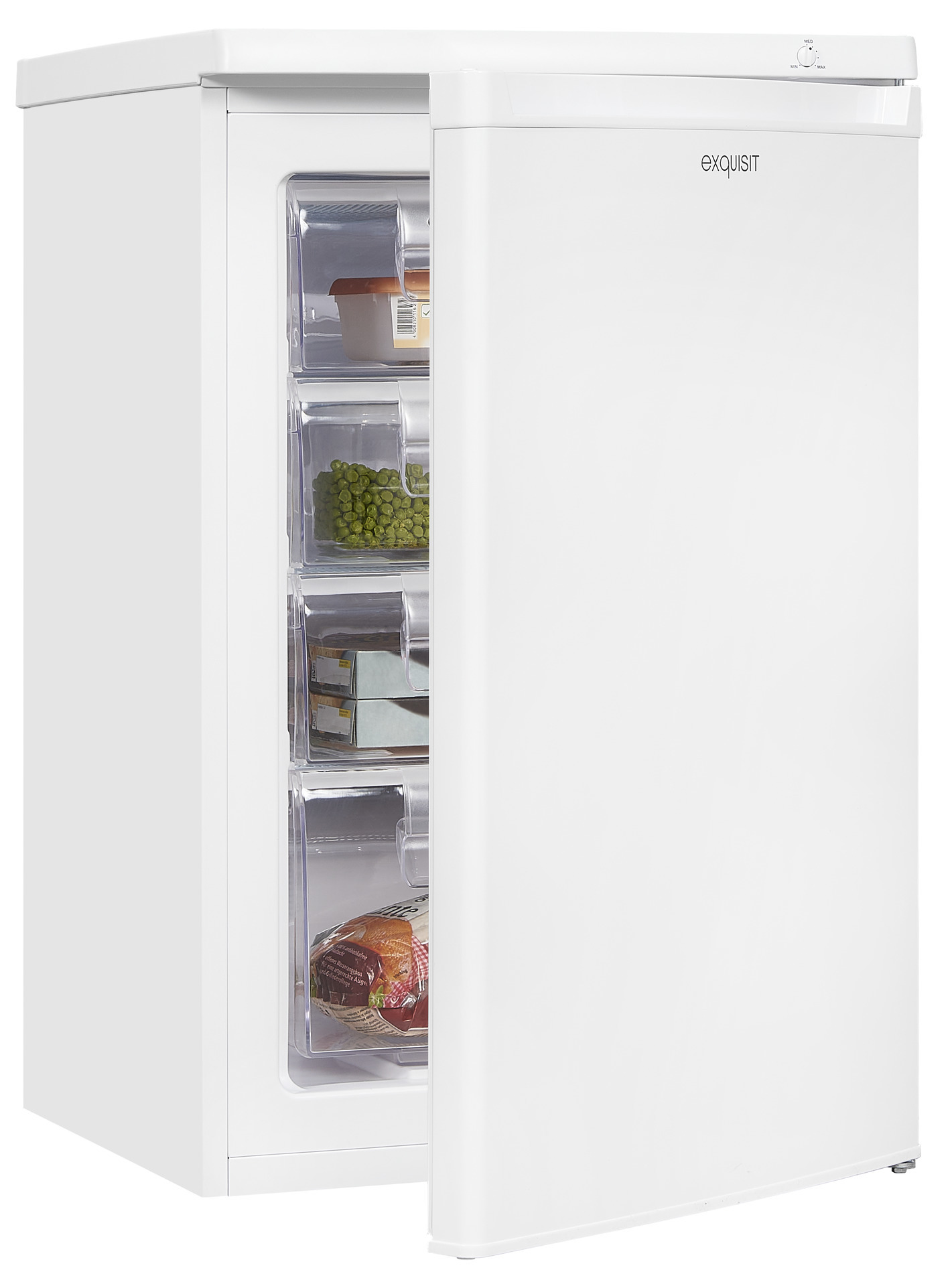 Ein weißer Kühlschrank mit offener Tür. Im Inneren befinden sich Regale mit Lebensmitteln.