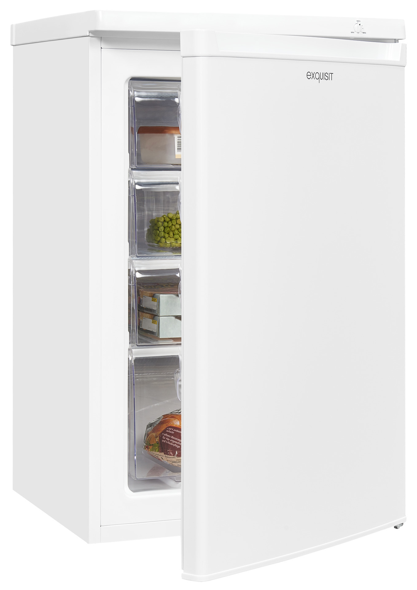 Weißer Kühlschrank mit geöffneter Tür, der Lebensmittelbehälter in den Fächern zeigt.