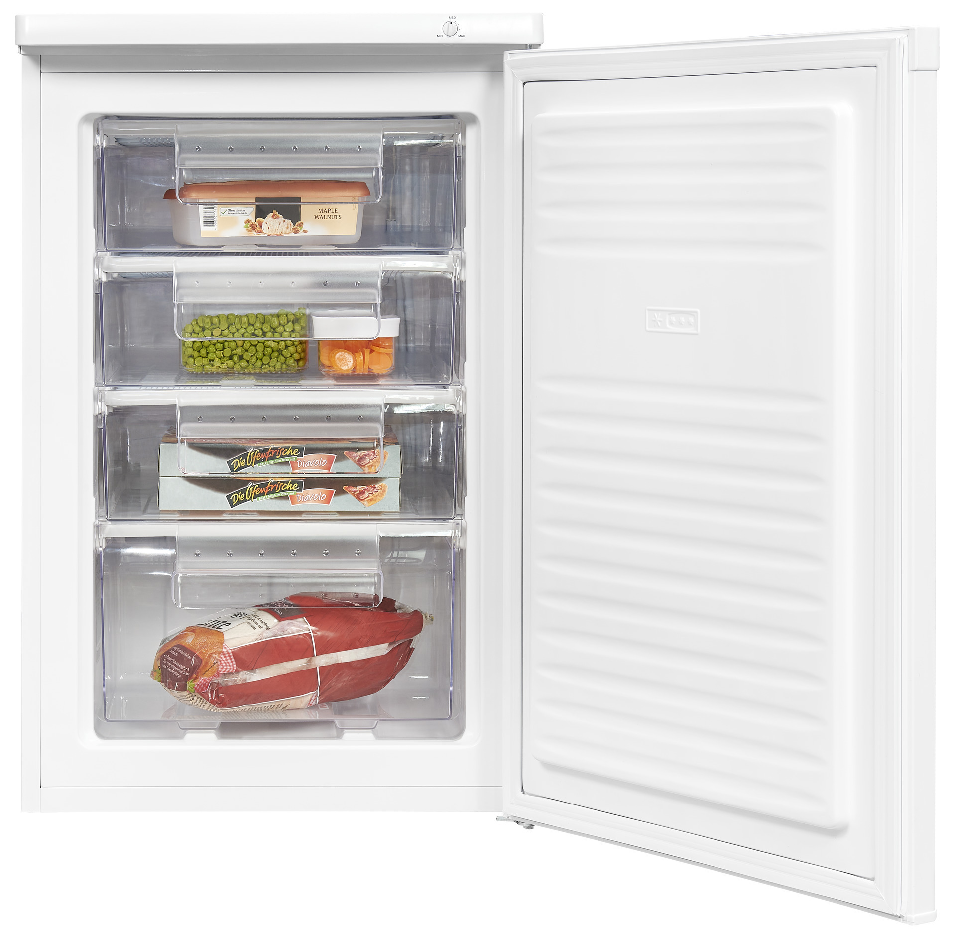 Weißer Kühlschrank mit geöffneter Tür, zeigt Regale mit Lebensmitteln.