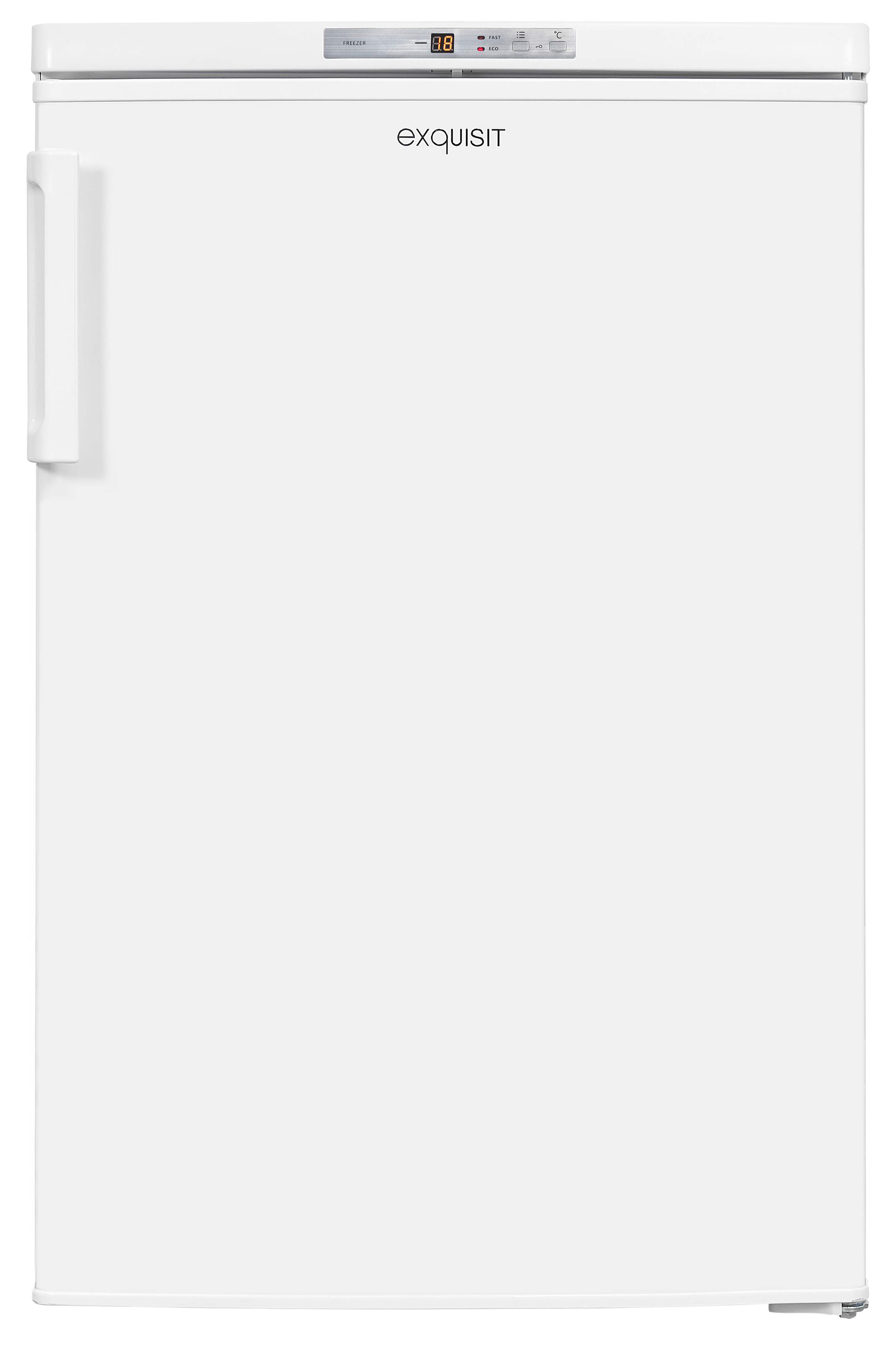 Weißer Kühlschrank mit Digitalanzeige oben und langem weißem Griff.