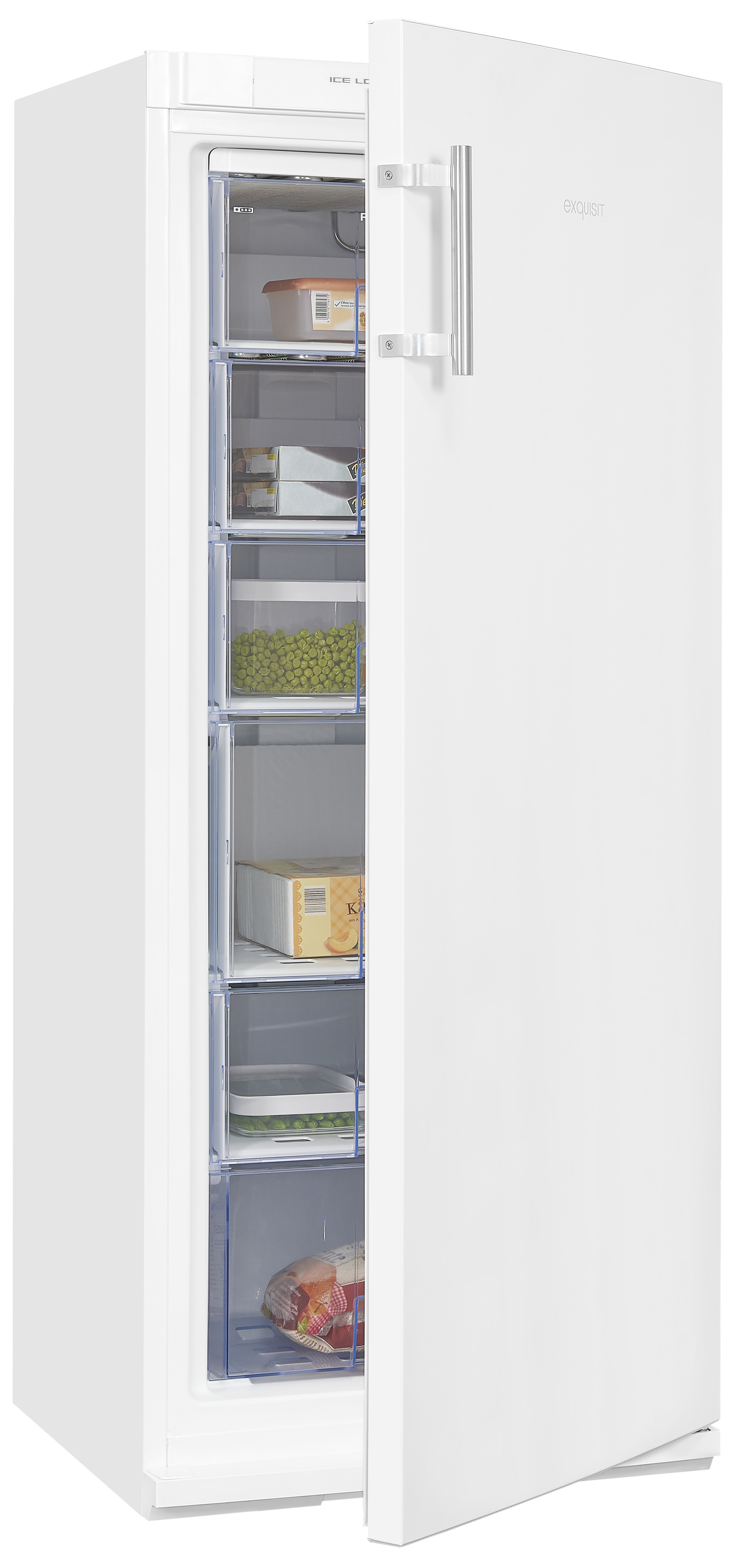 Ein weißer Kühlschrank mit offener Tür, die Regale mit verschiedenen Lebensmitteln zeigt.