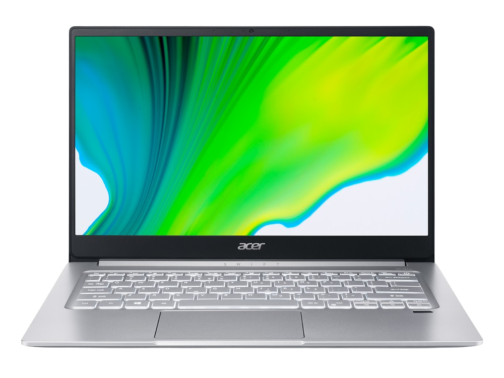 Un portátil Acer Swift plateado. La pantalla muestra una mezcla de colores azul y amarillo. Fondo negro.
