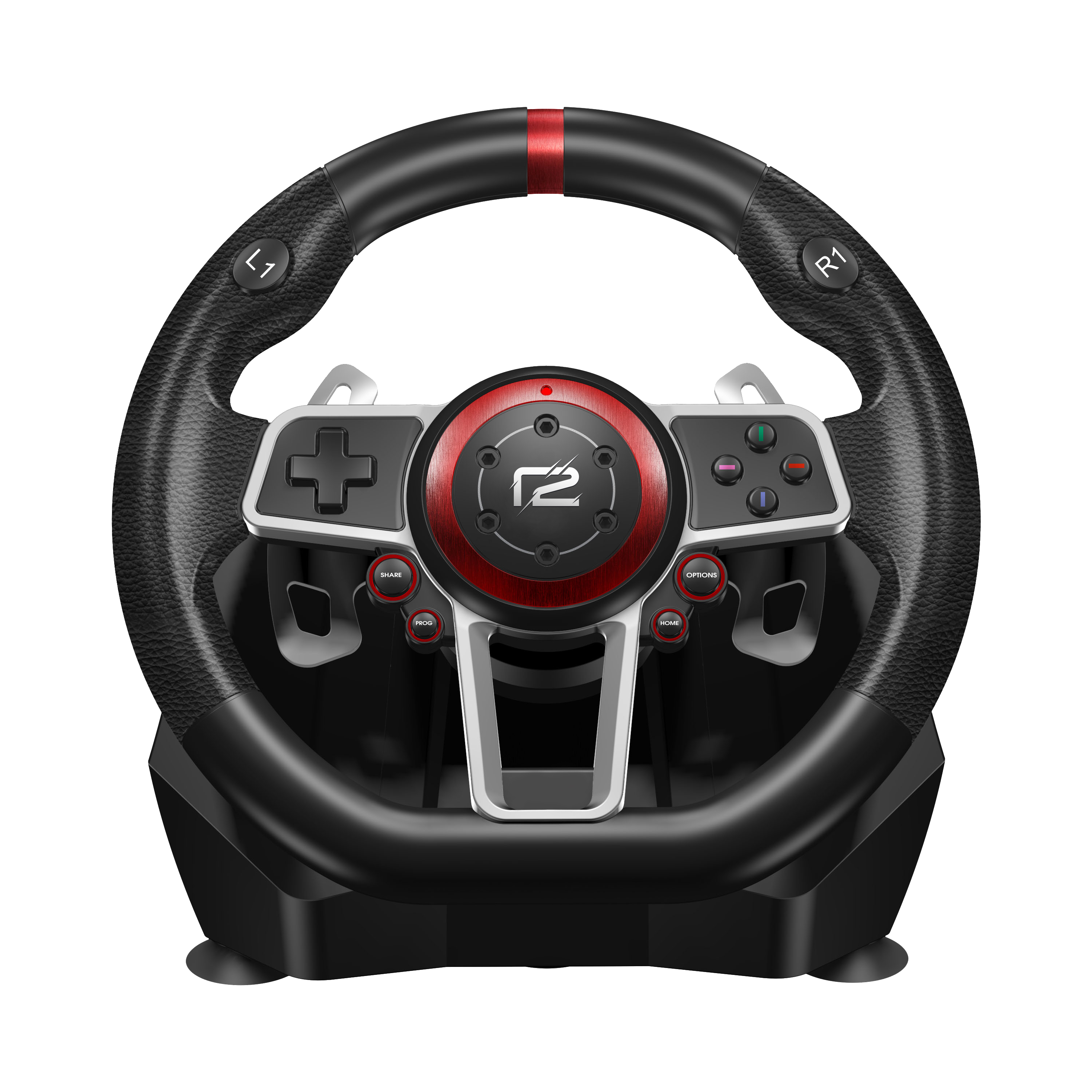 Gaming-Lenkrad mit Tasten und Paddles. Das R2-Logo befindet sich in der Mitte.