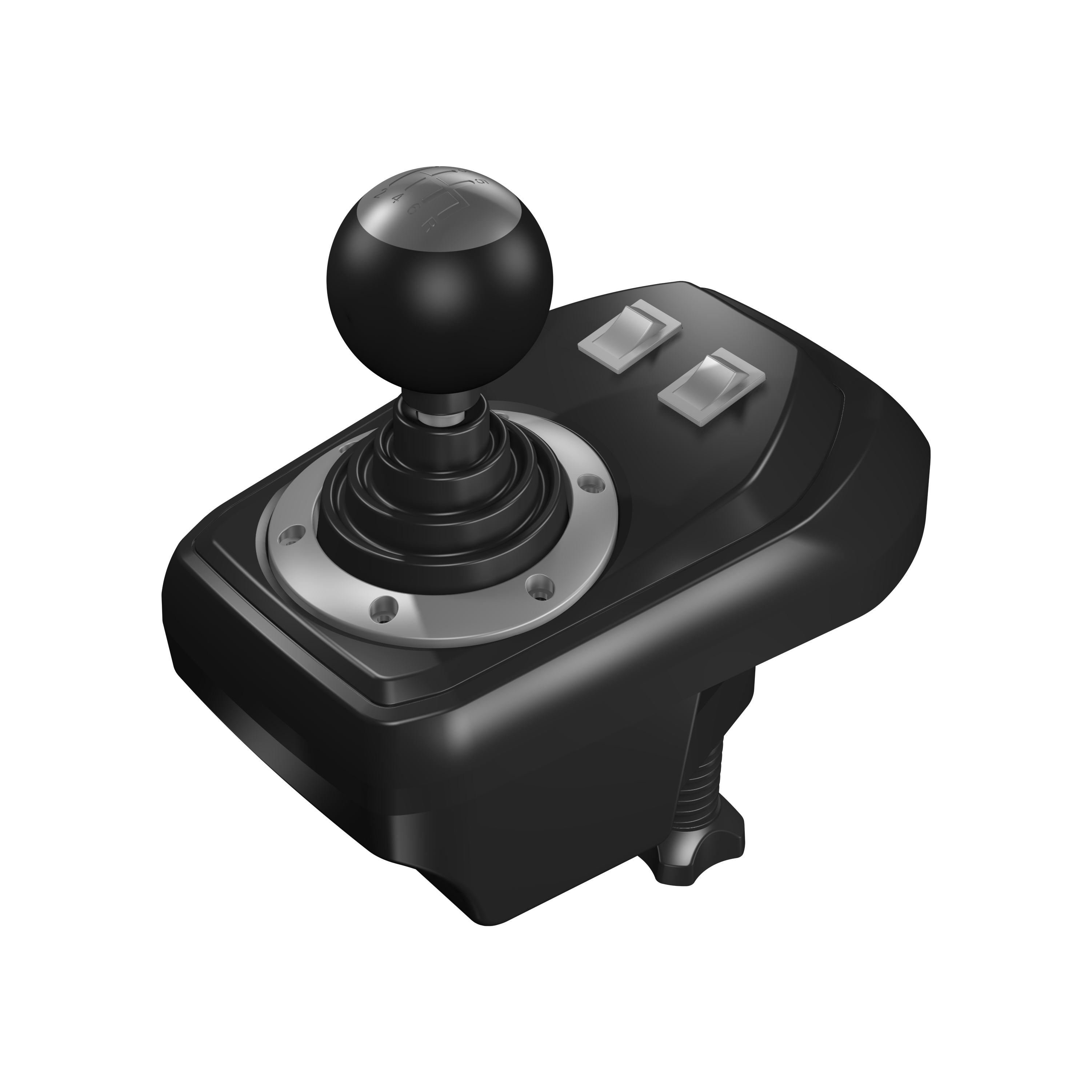 Ein schwarzes Gaming-Gerät. Es hat einen Joystick mit einem schwarzen Ball oben und zwei Knöpfe.