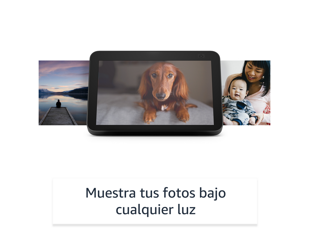 Tableta mostrando fotos, texto: 'Muestra tus fotos bajo cualquier luz'.