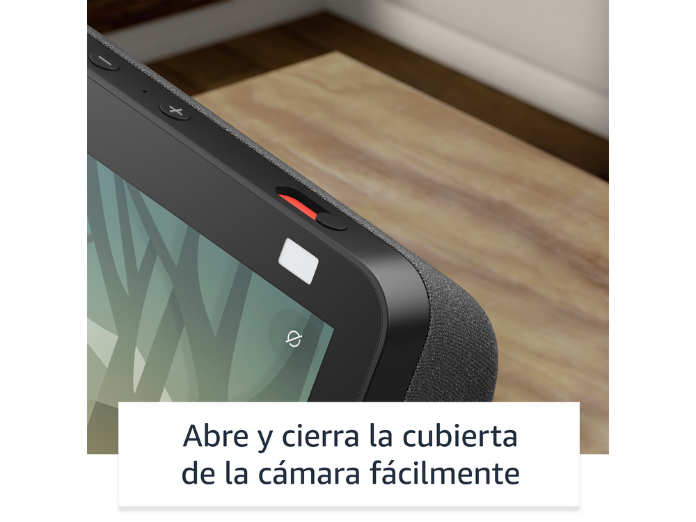 Tableta con texto en español, botón rojo y línea blanca.