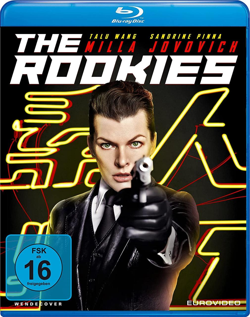 Filmcover mit Milla Jovovich mit einer Pistole. Text: THE ROOKIES. Schwarze und gelbe Neonlichter.