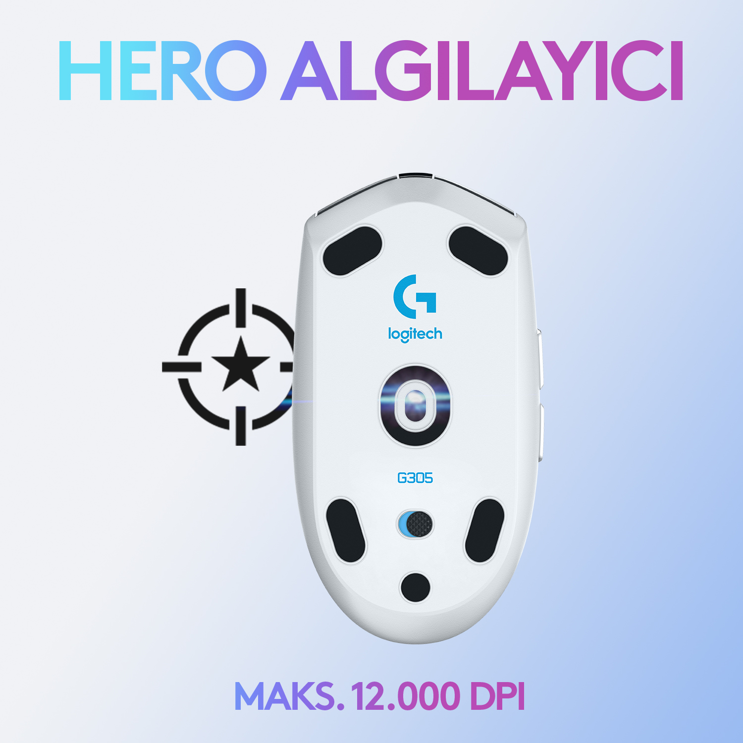 Siyah vurgulara sahip beyaz Logitech G305 fare ve mavi-mor bir gradyan üzerinde bir hedef simgesi.