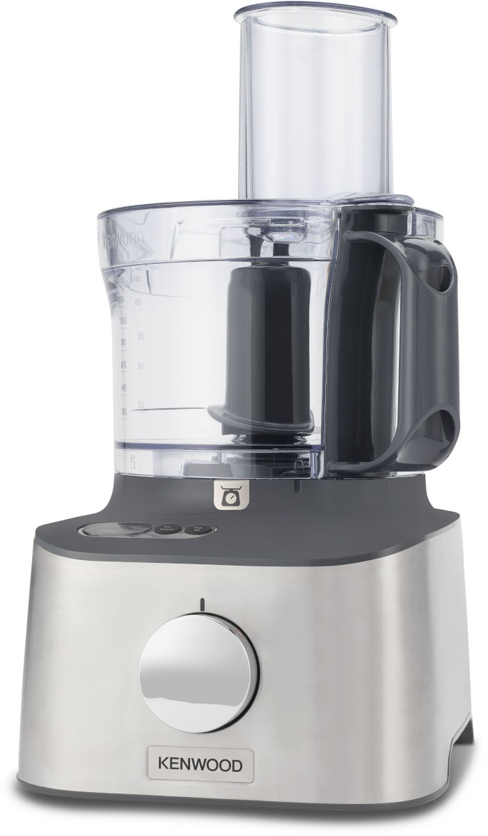 A silver and gray Kenwood food processor, showing the main body, control knob, and container.