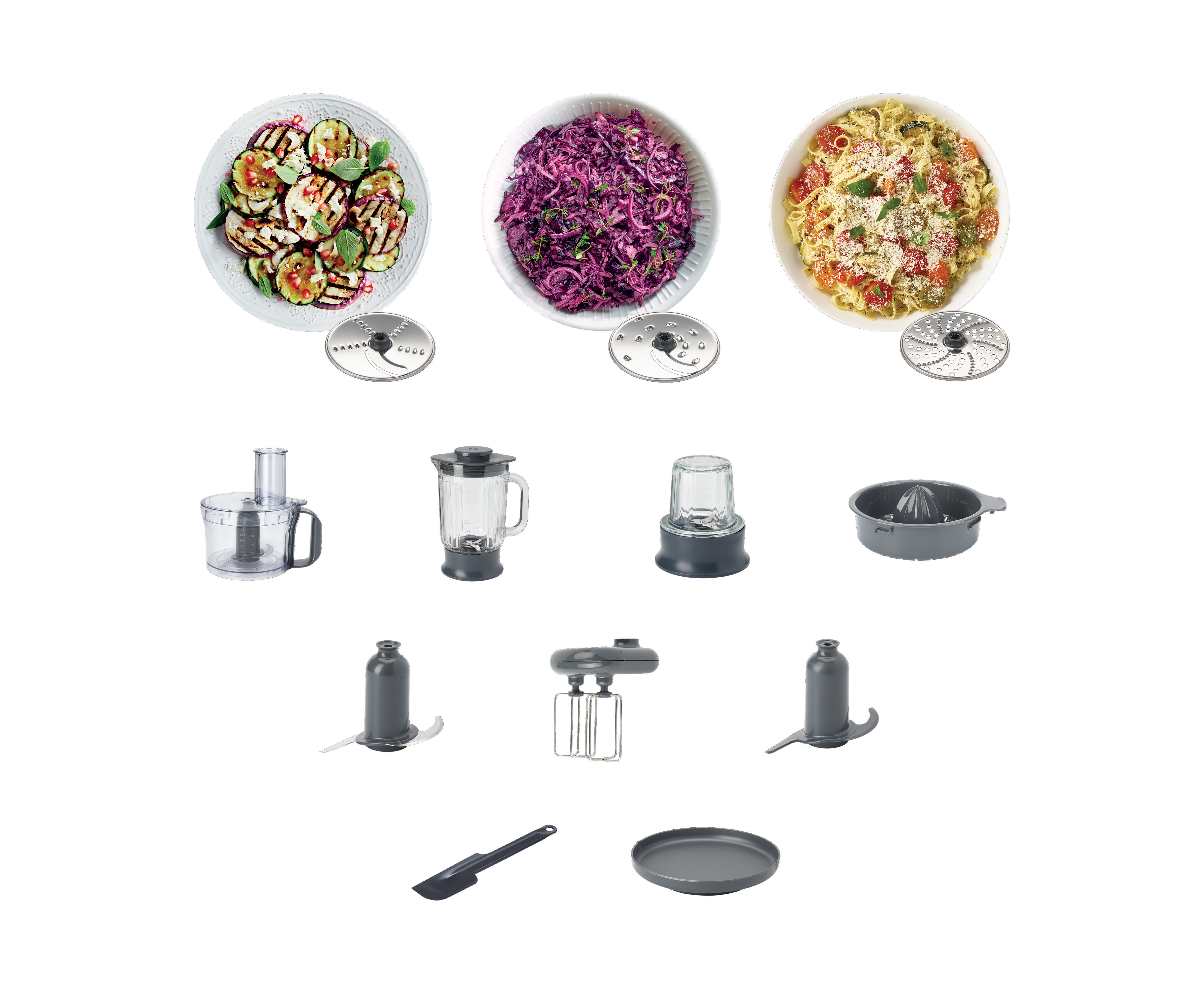 Various food ingredients in bowls and kitchen tools laid out on a white surface.