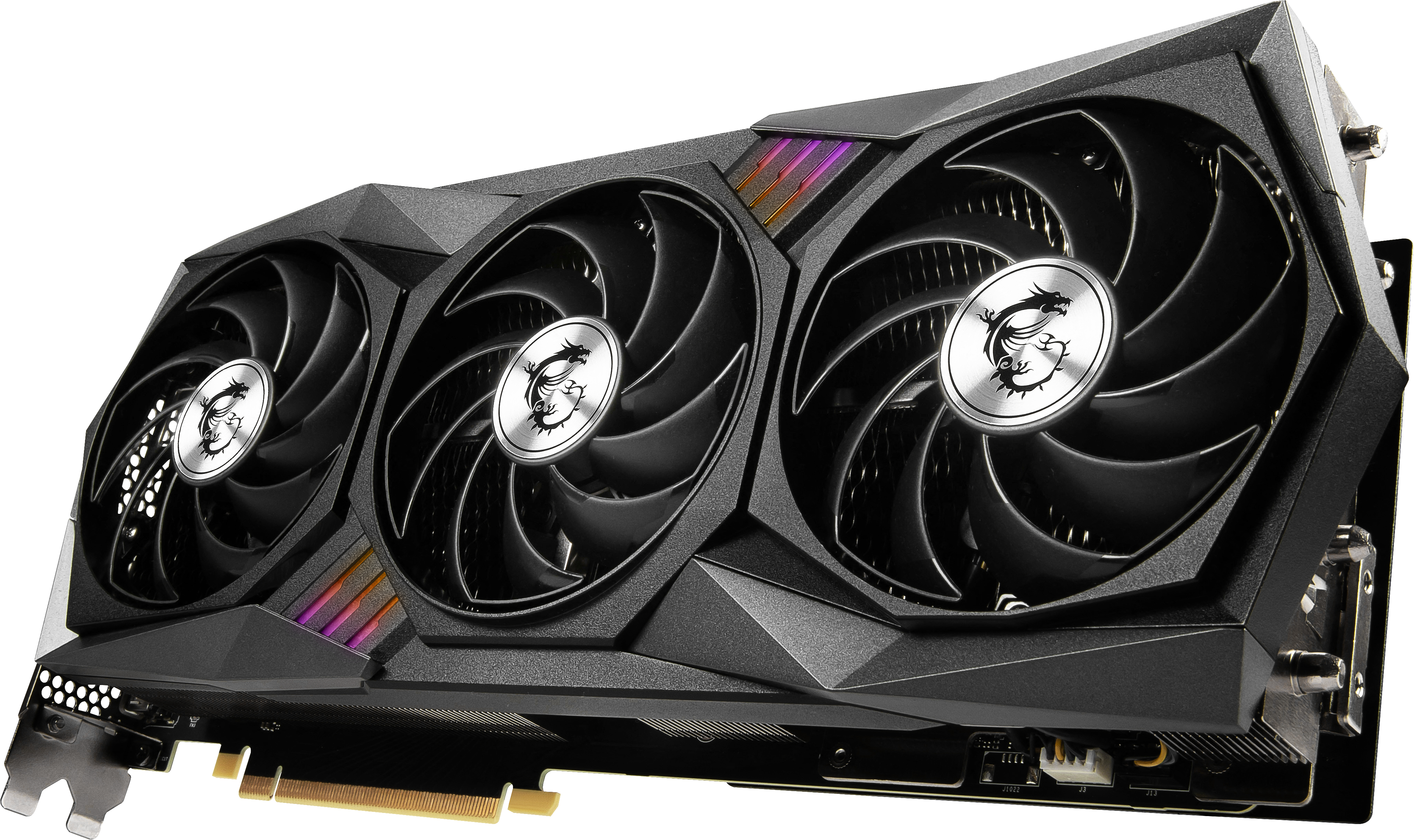 Schwarze Computer-Grafikkarte mit drei Lüftern. MSI-Logo sichtbar. Die Karte befindet sich auf weißem Hintergrund.