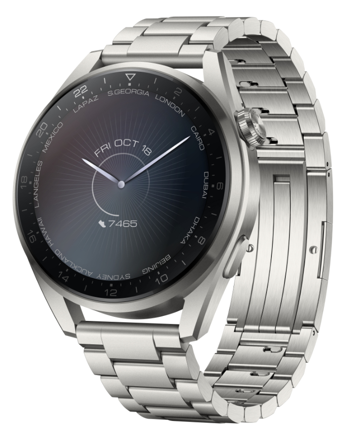 Eine silberne Smartwatch mit silbernem Armband. Das Zifferblatt zeigt Datum und Uhrzeit.