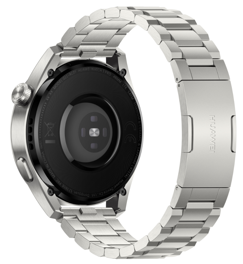 Silberne Huawei Smartwatch, Rückansicht mit Metallband.