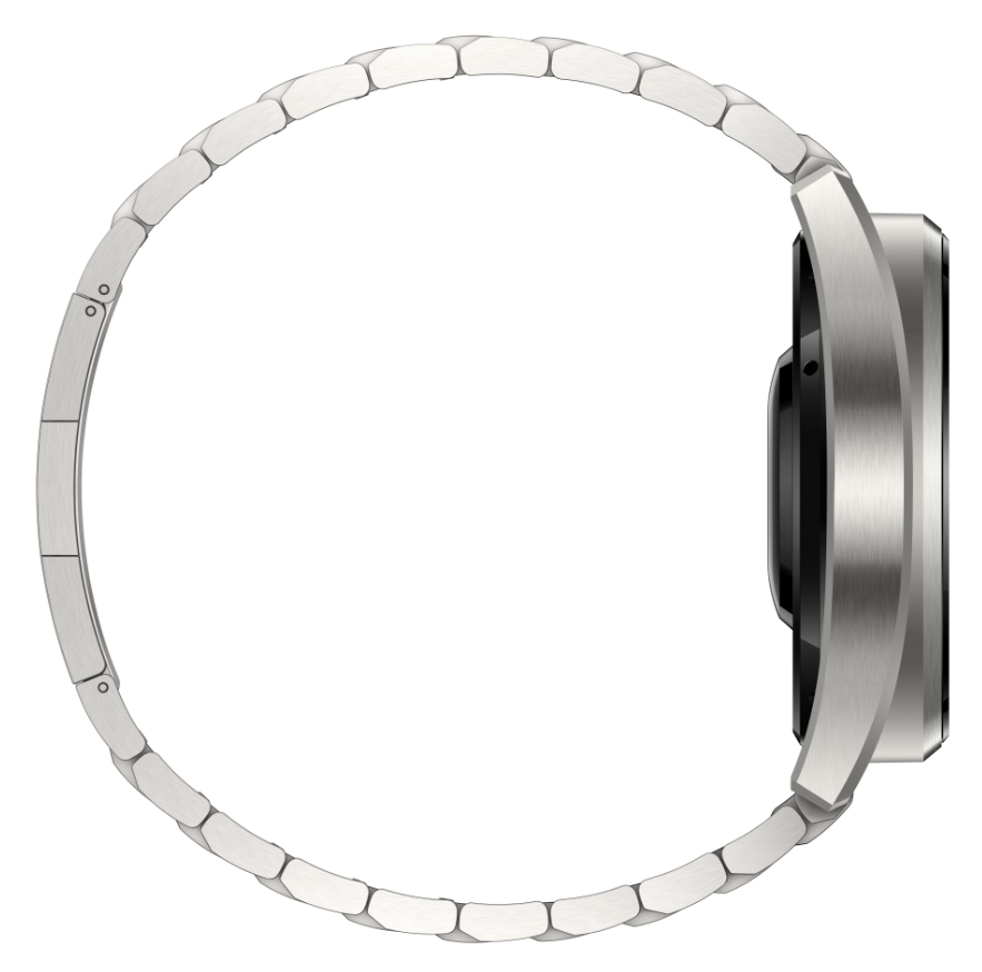 Seitenansicht einer silbernen Smartwatch mit Metallband, schwarzer Bildschirm.
