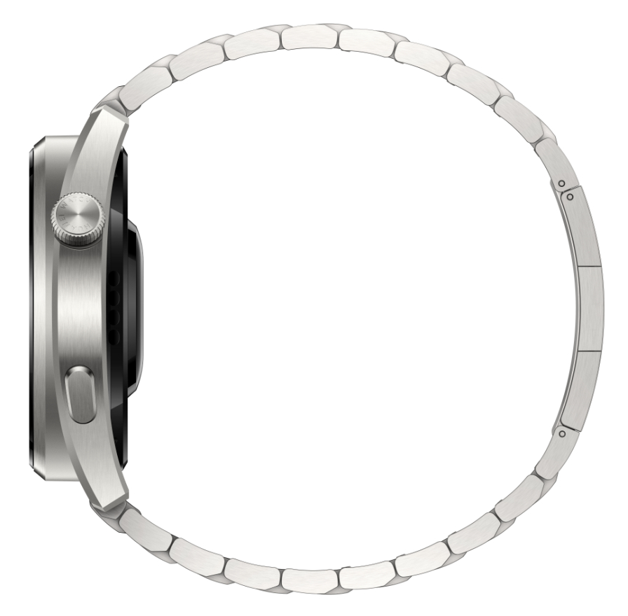 Eine silberne Smartwatch, Seitenansicht, mit Metallarmband. Das Zifferblatt ist sichtbar.