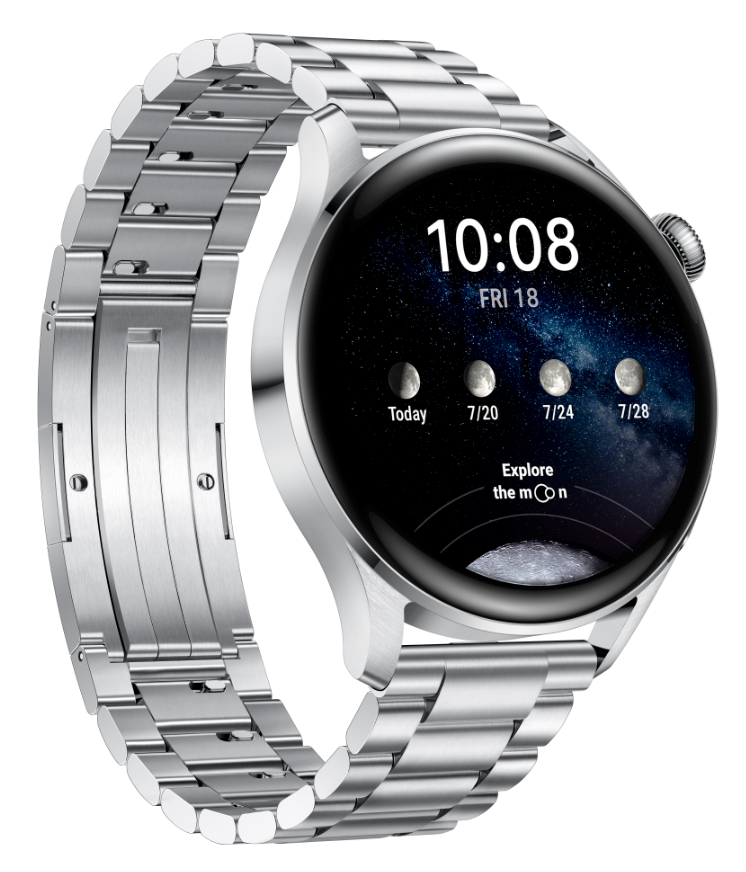 Silberne Smartwatch mit schwarzem Display, das Zeit, Datum und Mondphasen anzeigt. Silbernes Armband.