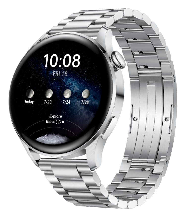 Eine silberne Smartwatch mit Metallarmband, das die Uhrzeit 10:08 und Mondphasen zeigt, weißer Hintergrund.