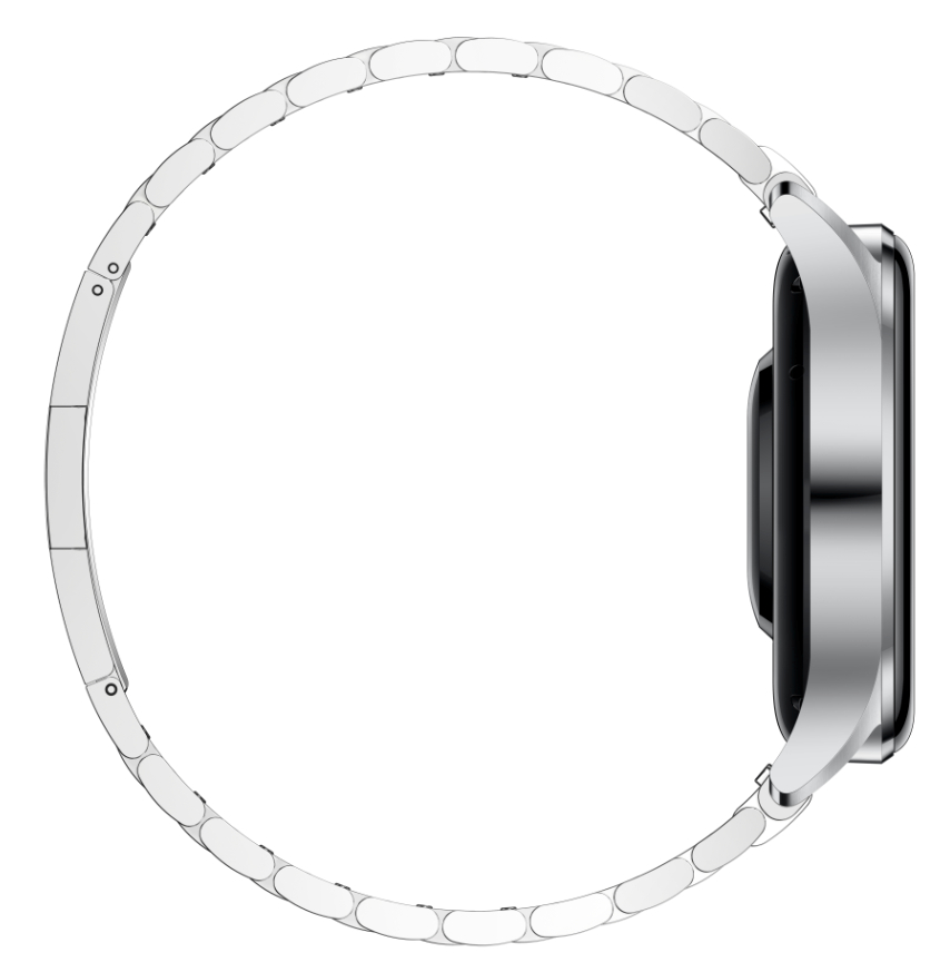 Eine silberne Smartwatch mit weißem Armband, Seitenansicht.