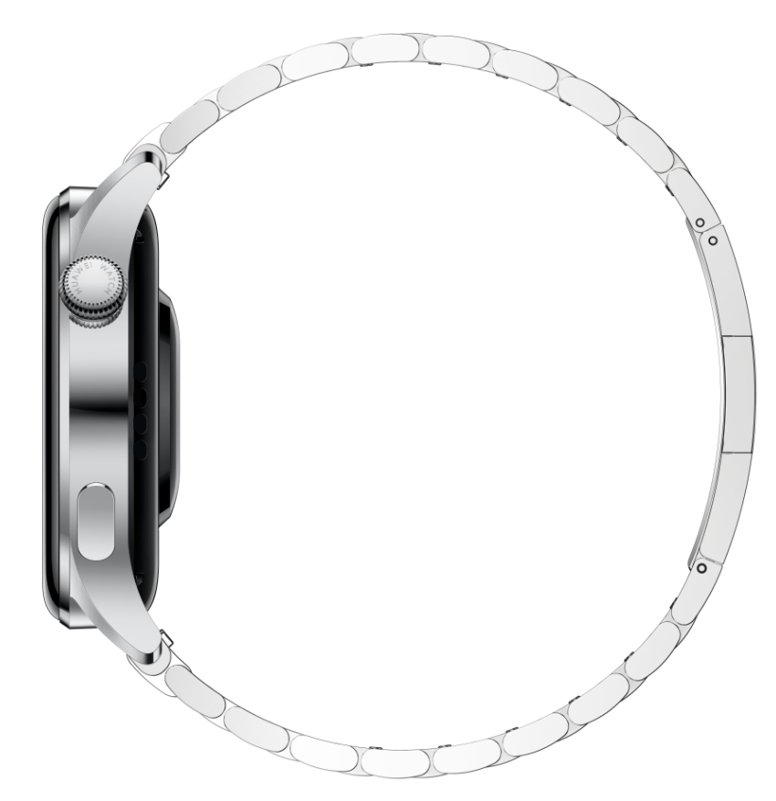 Nahaufnahme einer silbernen Smartwatch mit verbundenem silbernen Armband.