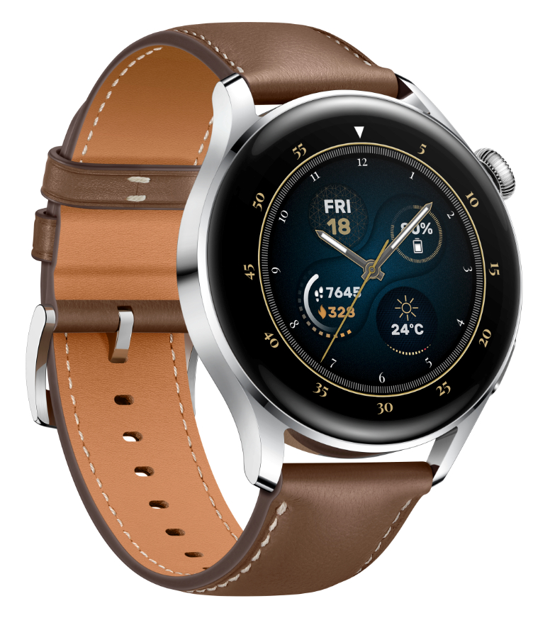 Eine silberne und braune Smartwatch mit braunem Lederarmband, die Zeit und Datum anzeigt.