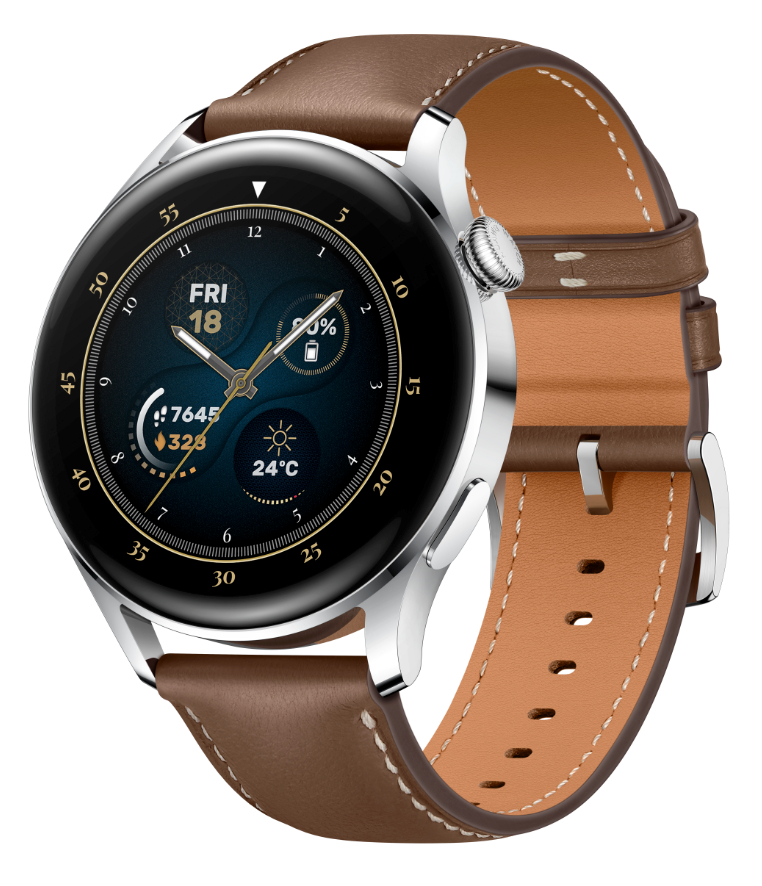 Eine braune Lederuhr mit silbernem Gehäuse. Das Zifferblatt zeigt die Zeit.
