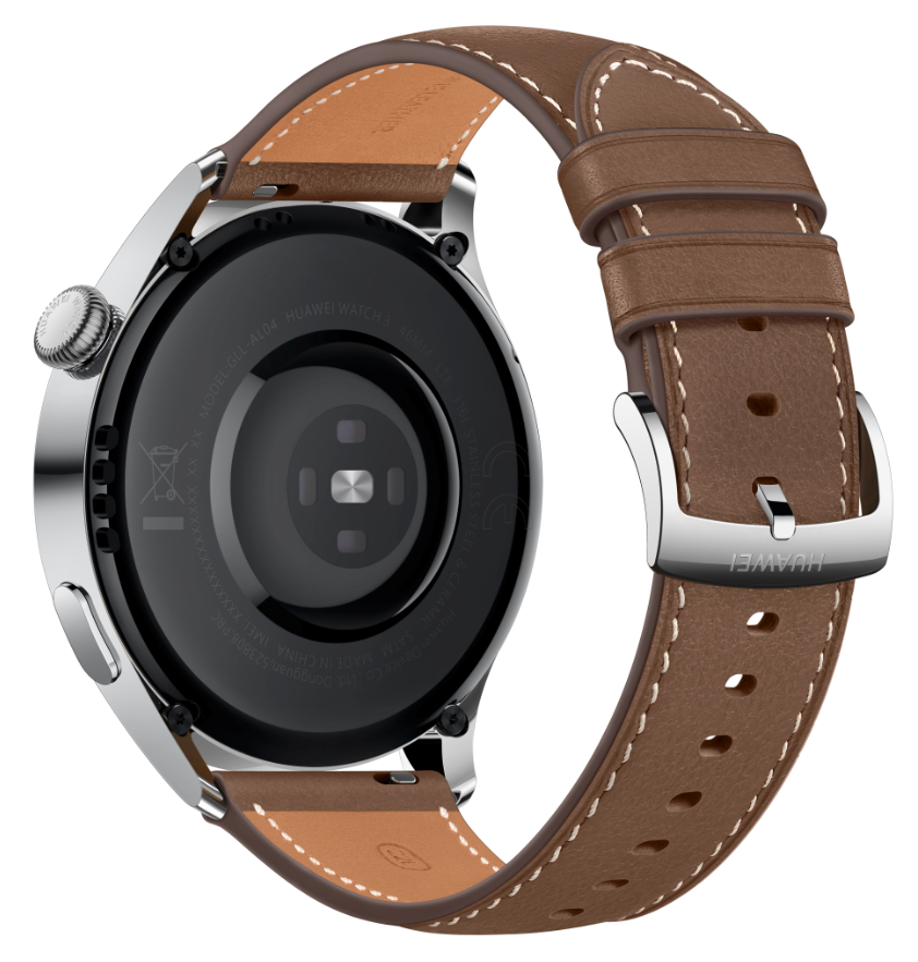 Smartwatch mit braunem Lederarmband, silbernem Gehäuse und schwarzer Rückseite. Armband ist geschnallt. Details auf der Rückseite.