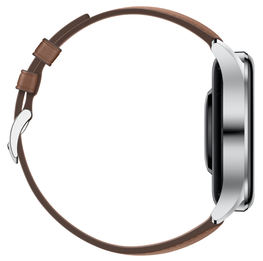Seitenansicht einer silbernen Smartwatch mit braunem Lederarmband.