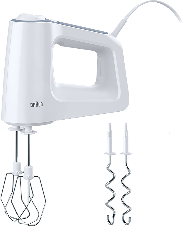 Witte handmixer met twee gardes. De merknaam Braun is zichtbaar.