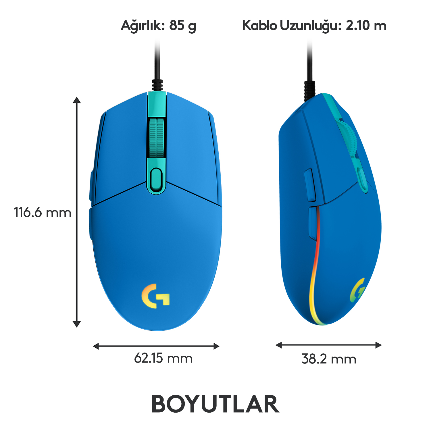 Turkuaz kaydırma tekerleği olan mavi bir bilgisayar faresi. Boyutlar ve özellikler görülebilir.