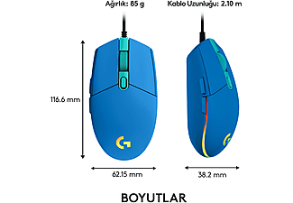 LOGITECH G G203 Lightsync RGB Aydınlatmalı 8000 DPI Kablolu Oyuncu Mouse - Mavi_2