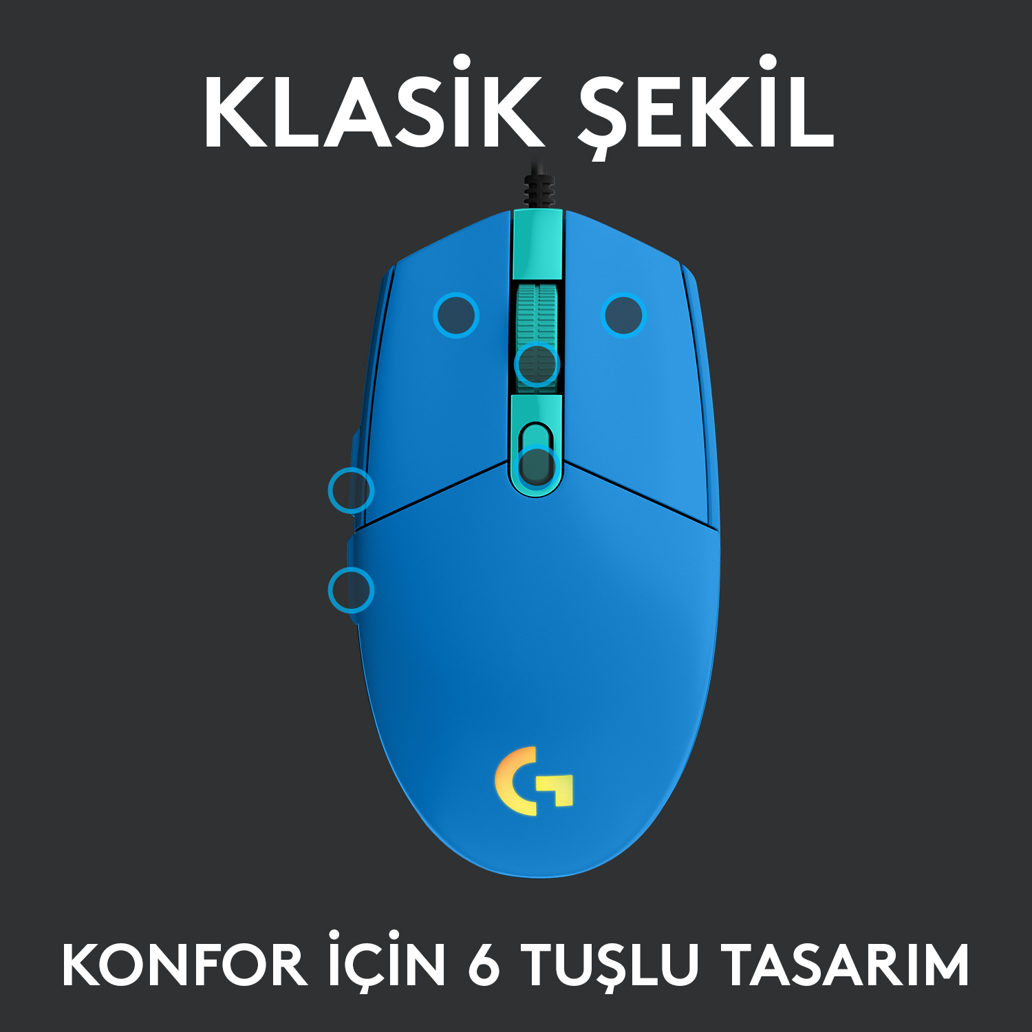 Altı düğmeli tasarıma ve sarı bir logoya sahip mavi bir bilgisayar faresi.