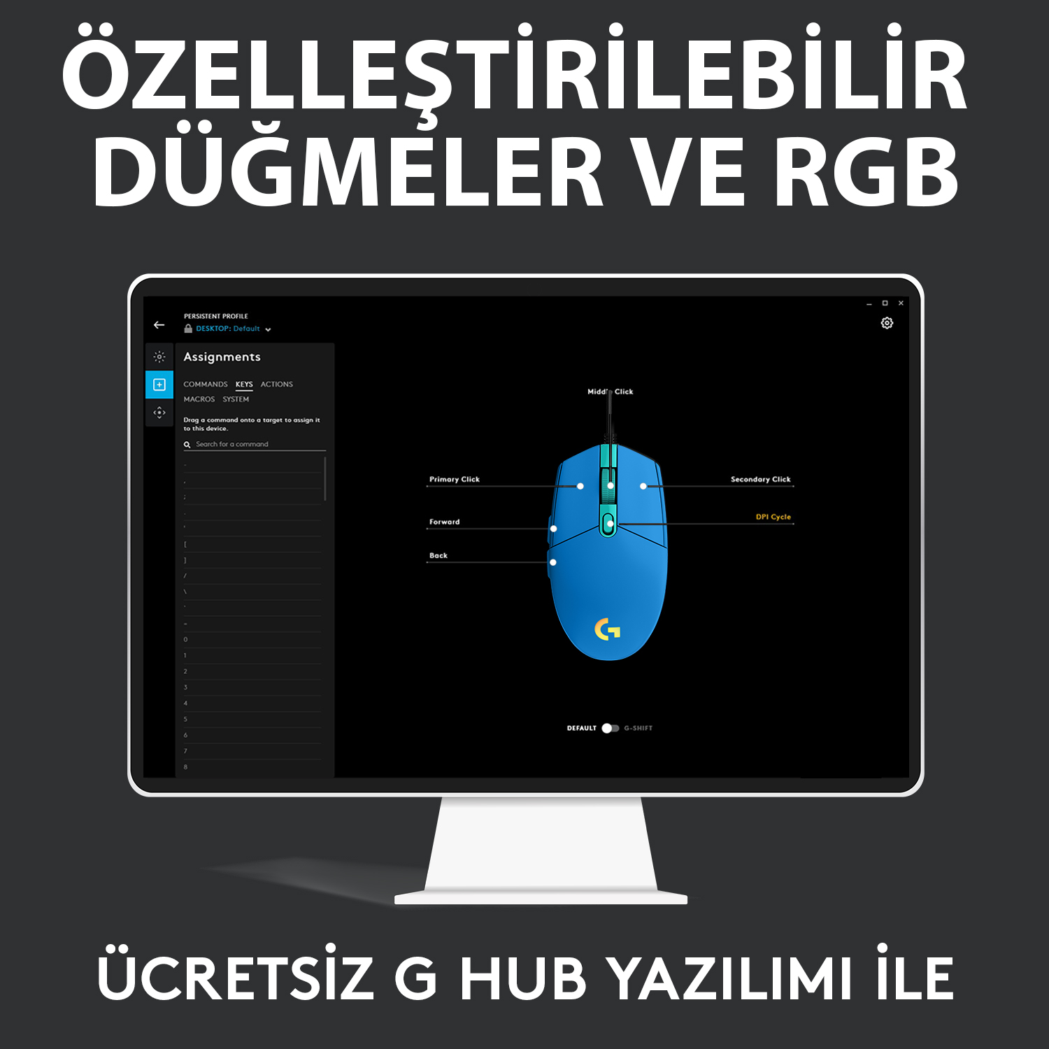 Ekran görüntüsü olan bir bilgisayar faresi. Fare mavidir ve ekran bir menü gösterir.